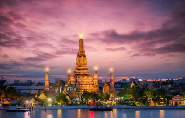 Water, light, the city, morning, temple, Thailand, Bangkok
