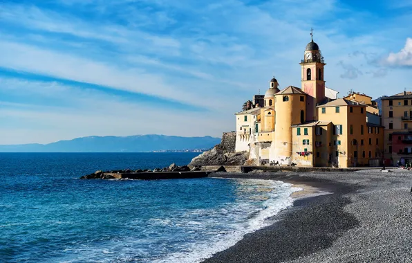 Picture sea, beach, shore, Italy, Church, Italy, travel, Camogli
