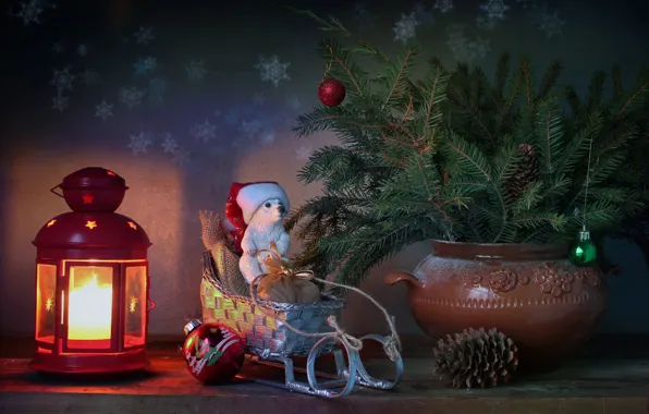 Winter, tree, new year, Christmas, candle, bear, flashlight, gifts