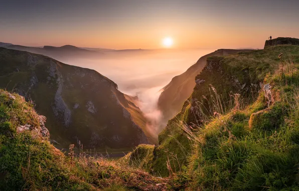 The sky, grass, the sun, mountains, fog, open, rocks, dawn