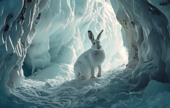 Winter, white, snow, nature, hare, ice, cave, sitting