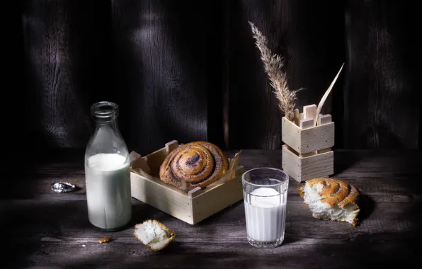 Glass, table, Board, bottle, milk, bread, still life, box