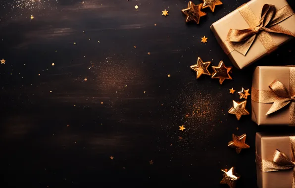 Stars, the dark background, Shine, Christmas, New year, gold plated, bows, gold
