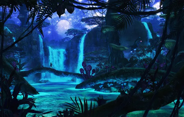 Picture night, waterfall, pandora, Pandora, final, mysterious forest, the lonely traveler, fantastic worlds
