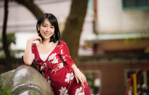 Look, smile, dress, brunette, Asian, bokeh