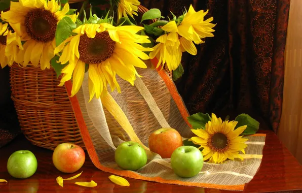 Sunflowers, flowers, apples, petals, fruit, still life