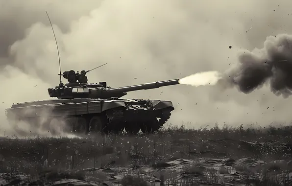 Dust, Smoke, Retro, Tank, Shot, Digital art, Black and white, AI art