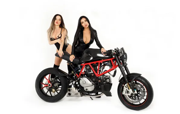 Pose, brunette, blonde, motorcycle, white background, two girls, jumpsuit, body