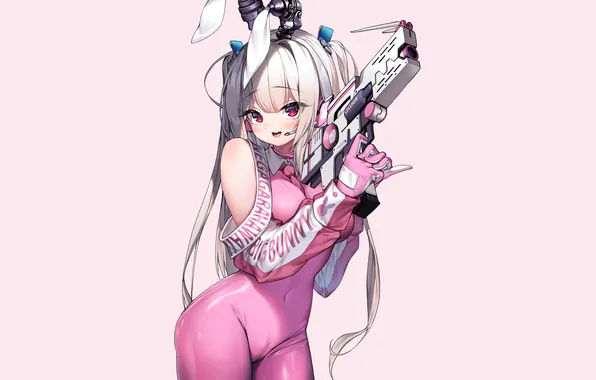 Girl, gun, pistol, sexy, long hair, animal ears, anime, beautiful