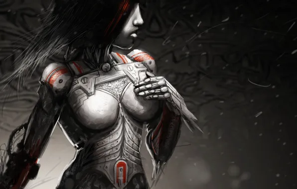 Picture girl, red, metal, the wind, body, robot, art, black and white