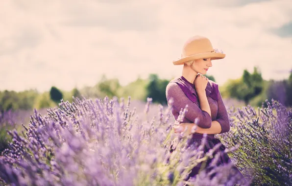 Girl, flowers, blonde, profile, hat, lavender