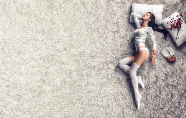Girl, carpet, branch, pillow, pile, cap, Yana
