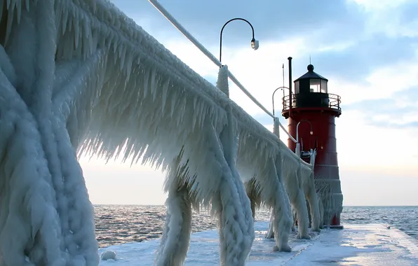 Ice, sky, sea, lighthouse.frozen