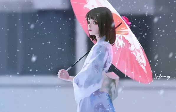 Picture snow, haircut, Asian, yukata, red umbrella, blurred background, portrait of a girl, under the umbrella