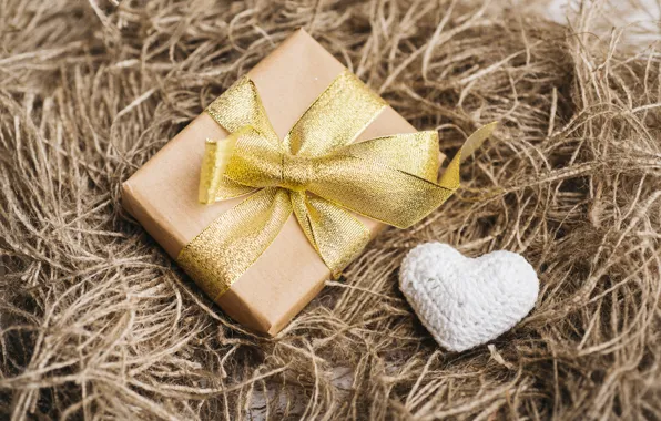 Holiday, box, gift, white, heart, rope, tape, gold