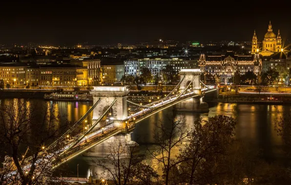 Night, bridge, the city, lights, river, Hungary, Budapest