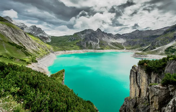 Greens, summer, water, clouds, landscape, mountains, lake, open
