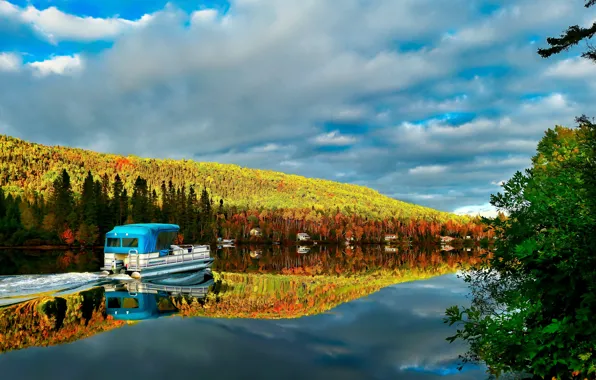 Picture autumn, forest, clouds, landscape, nature, lake, reflection, boat