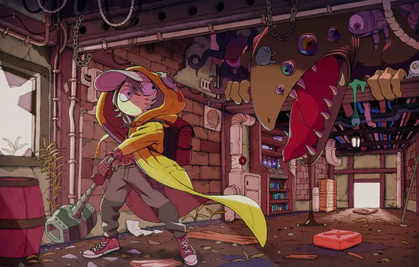 Room, monster, anime, hammer, art, guy, youkai