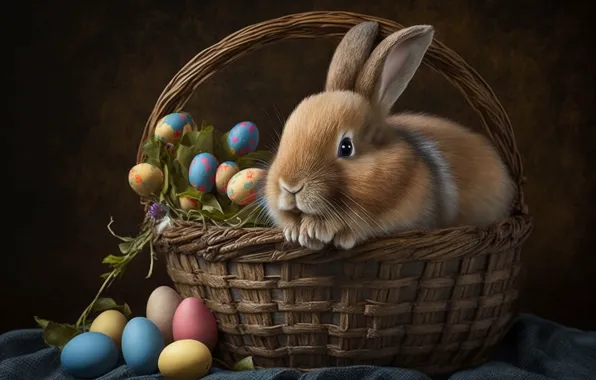 Leaves, the dark background, table, holiday, eggs, spring, rabbit, red