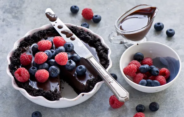 Berries, raspberry, chocolate, pie, knife, blueberries, chocolate pie