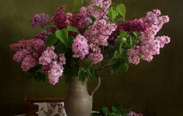 Picture bouquet, pitcher, still life, lilac