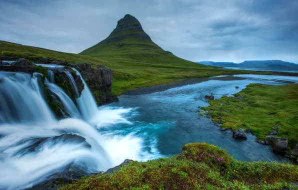 Picture greens, mountain, waterfall, Iceland, Snæfellsnes National Park
