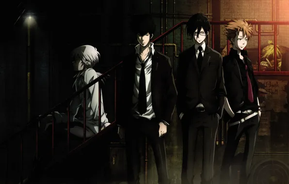 Night, glasses, costume, ladder, guys, art, white shirt, psycho-pass