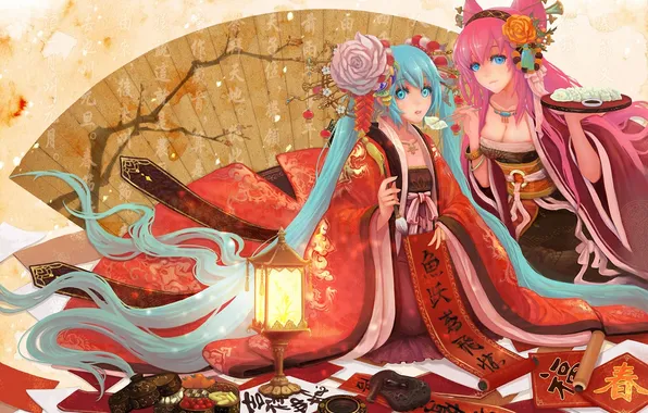 Girls, food, art, lantern, kimono, vocaloid, hatsune miku, megurine luka