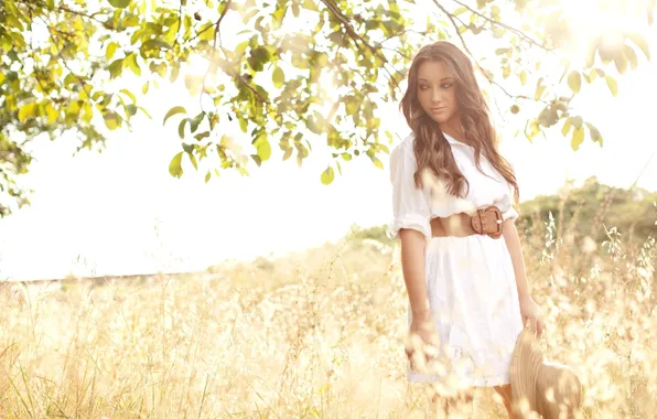 Field, white, girl, nature, dress