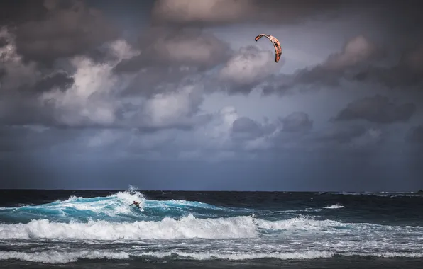 The storm, wave, beach, the sky, clouds, the wind, extreme sports, kitesurfing