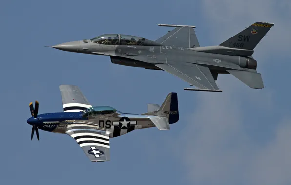 Picture flight, Mustang, fighters, P-51, F-16, Fighting Falcon