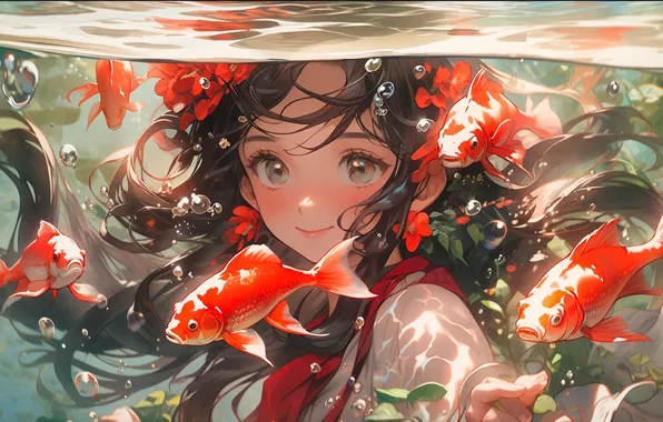 Look, water, girl, light, fish, bubbles, fantasy, hair