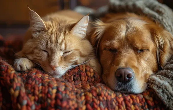 Cat, cat, together, sleep, dog, red, red, plaid