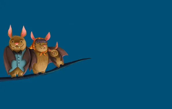 Birds, minimalism, branch, family, bats, blue background, bat