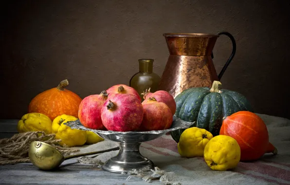 The dark background, food, pumpkin, dishes, fruit, still life, grenades, composition