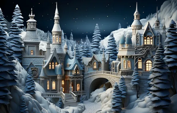 Winter, forest, stars, snow, night, the city, castle, Windows
