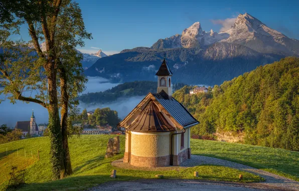 Landscape, mountains, nature, track, Germany, Alps, chapel, Berchtesgaden