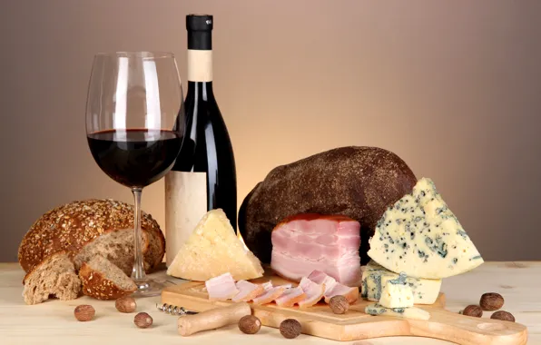 Wine, red, cheese, bread, nuts, ham