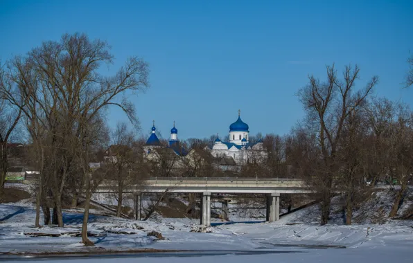Winter, bridge, the city, Church, mogilev