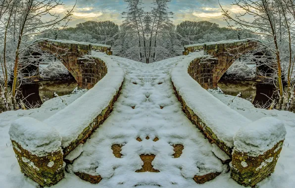 Winter, frost, the sky, snow, trees, river, Stone bridge