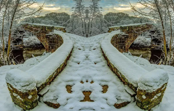 Picture winter, frost, the sky, snow, trees, river, stone bridge