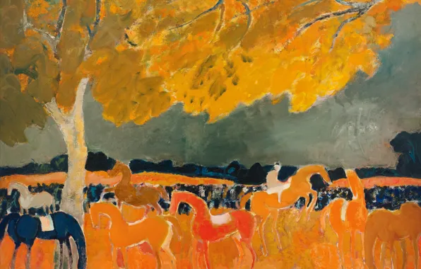 Autumn, trees, landscape, horse, picture, Andre Brasilier, Big Horses Party at Fere in Tardenois. Aisne