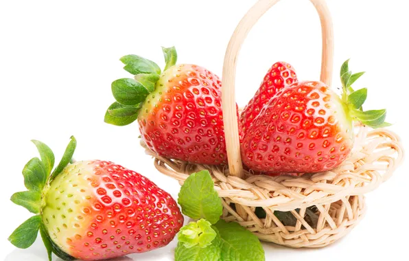 Picture berries, strawberry, basket, mint, leaves