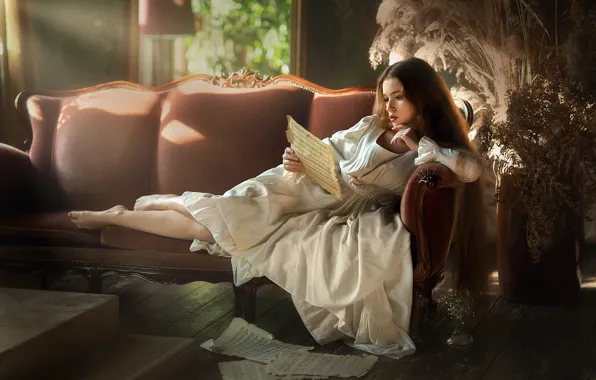 Picture look, girl, light, pose, notes, room, sofa, model
