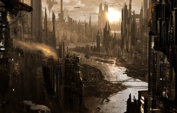 The sun, the city, future, skyscrapers