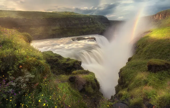 Landscape, mountains, nature, waterfall, rainbow, cleft, Iceland, Michaluk Sergey