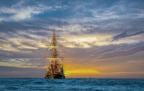 Sea, the sky, clouds, ship, sails, sky, sea, clouds