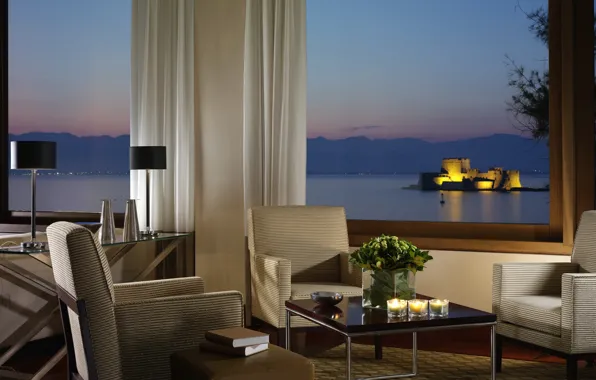 Picture sea, sunset, flowers, table, castle, chair, candles, window