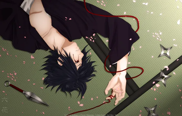 Picture petals, naruto, red thread, kunai, uchiha sasuke, shuriken